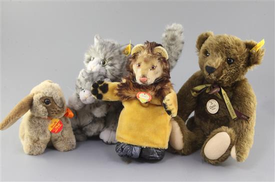 A Steiff collectors bear, a Steiff cat, a rabbit and a lion